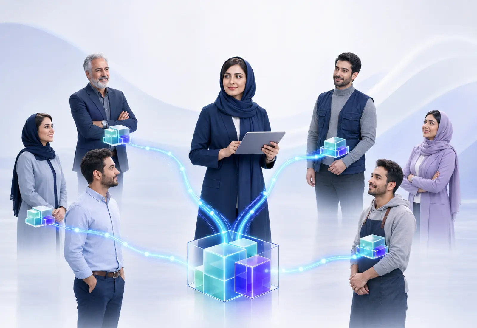 نمای مفهومی اپراتور پلاس‌مانی در حال هماهنگی خریدار و چند فروشنده